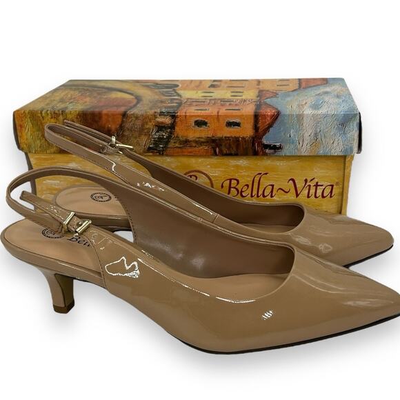 NWT Bella Vita Patent Nude Slingback Heels Size 8 WW Extra Wide Pointy Toe Pump - Picture 1 of 11